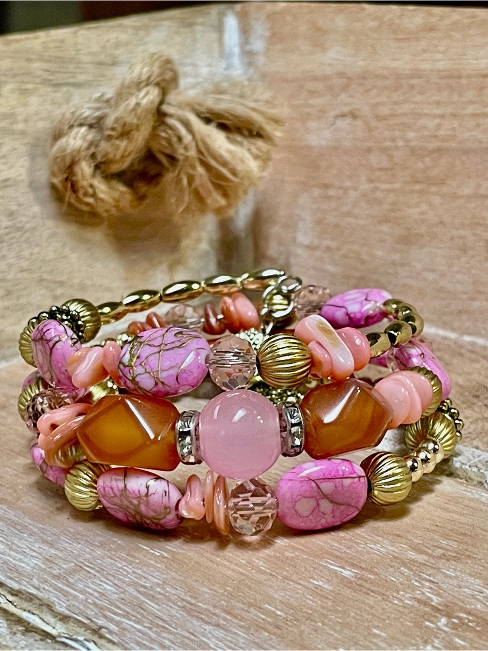 Pink, Blush, & Gold Multi-Strand Beaded Twist Bracelet